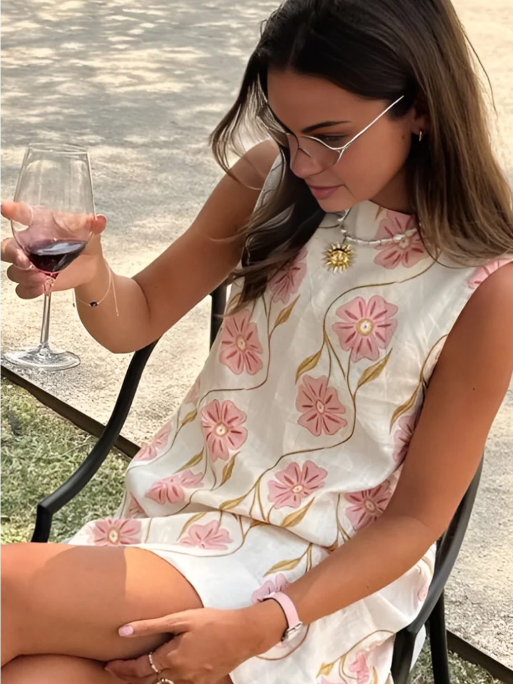 Commense White Mini Dress with Pink Floral Embroidery
